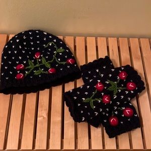 Matching wool hat and fingerless mittens